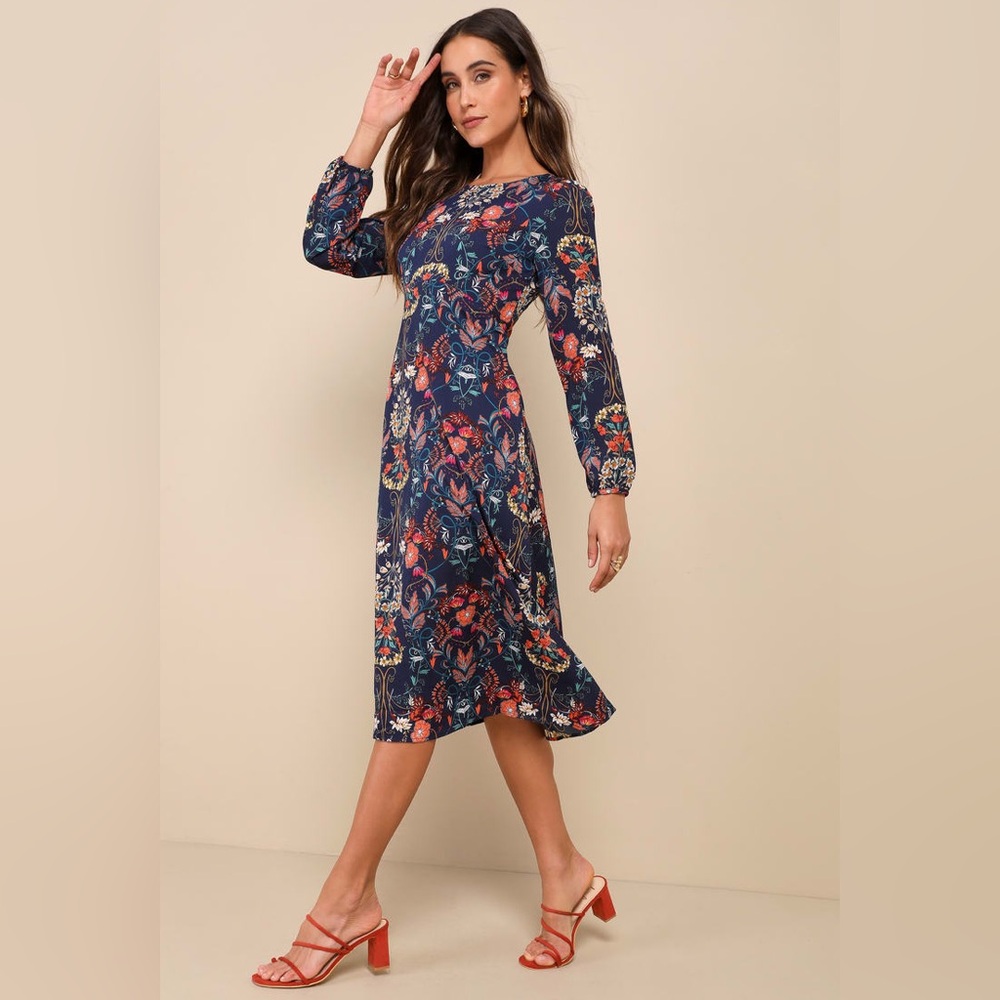 I. Madeline Garden Splendor Navy Blue Floral Print Long Sleeve Midi Dress